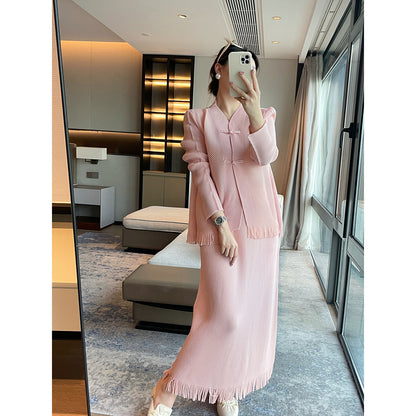 Miyake's new dragon scale pleated fashion suit women's high-end temperament slim top fringed design skirt two-piece set
