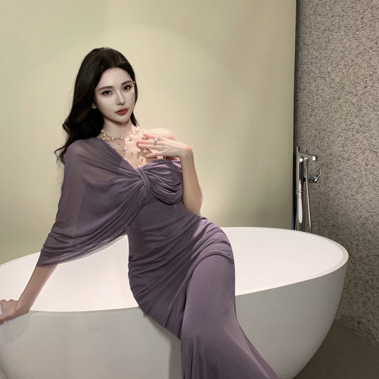 2025 high-end purple tube top dress, royal sister, socialite temperament, sexy, slim and thin, hip skirt, dress skirt.