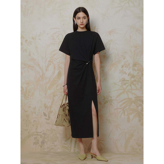 Siyuan, design high elastic knitted waist and thin temperament elegant split short-sleeved T-shirt dress 8962