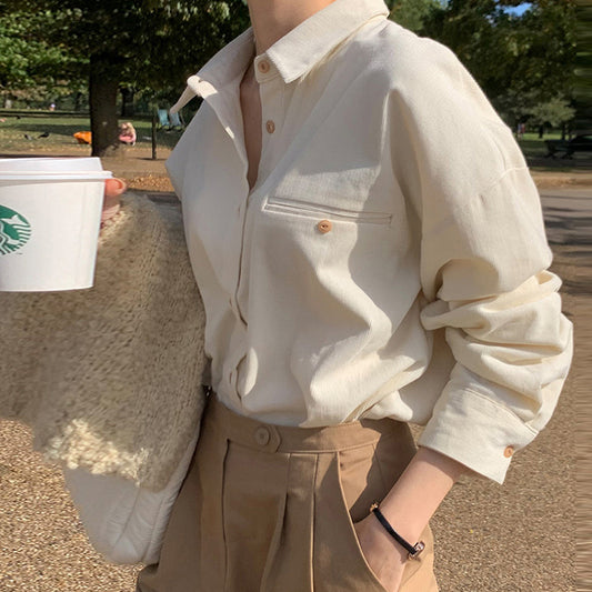 Korean version of corduroy shirt women's clothing 25 spring lapel collar stacked wear loose versatile top thickened polished warm shirt