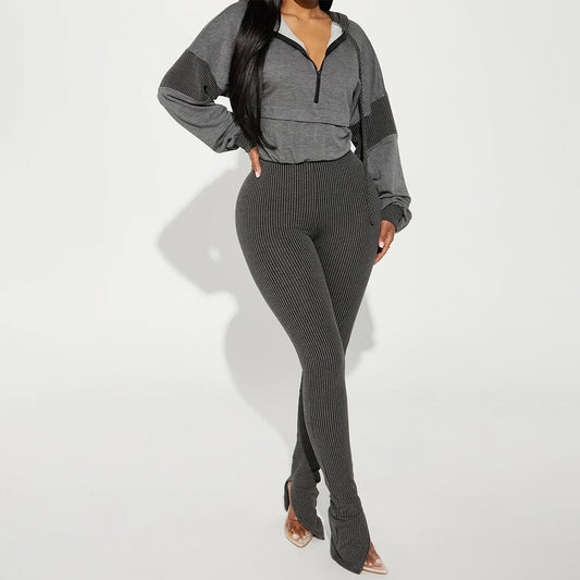 SIXSR T049  2025 autumn and winter fashion long-sleeved hooded splicing top slim-fit elastic striped split trousers