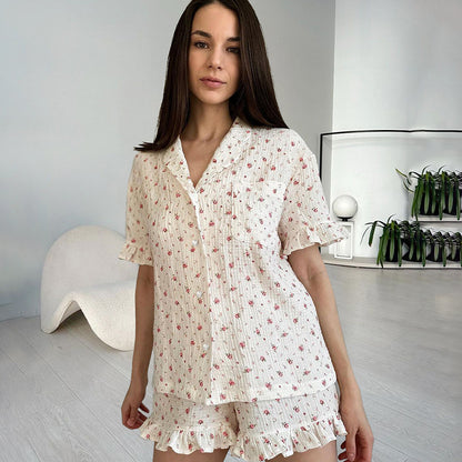 SIXSR 2025 spring pure cotton printed underwear short-sleeved cardigan shorts three-piece loungewear women's comfortable pajamas