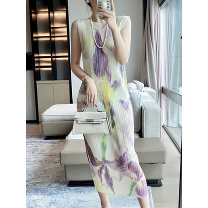Pleats  summer new national style printed sleeveless Miyake dress temperament advanced sense slim and thin dress