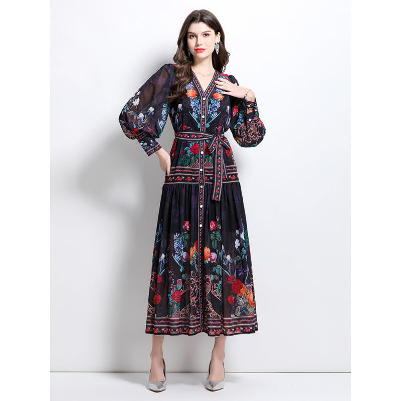 Spring and Autumn  court style temperament thin  chiffon mesh dress women's big pendulum A-word printing long dress