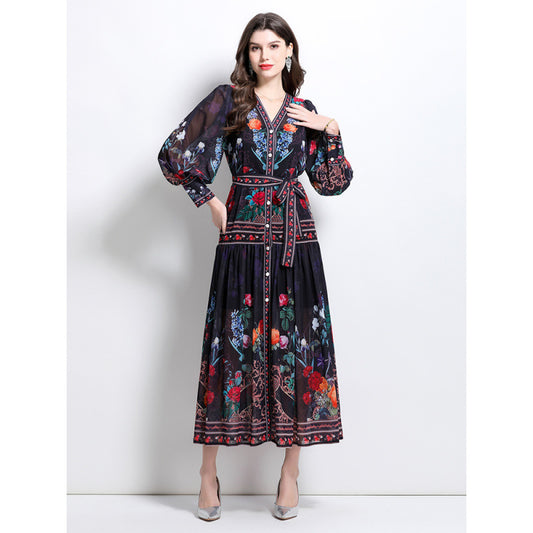 Spring and Autumn  court style temperament thin  chiffon mesh dress women's big pendulum A-word printing long dress