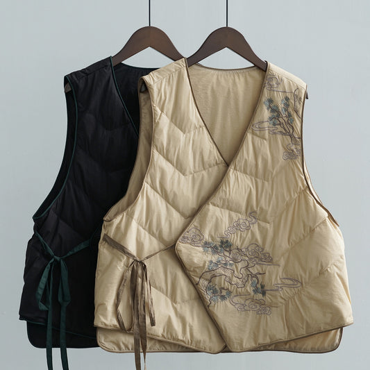new Chinese embroidered light and thin down vest women's retro V-neck 90 white duck down loose vest W24366