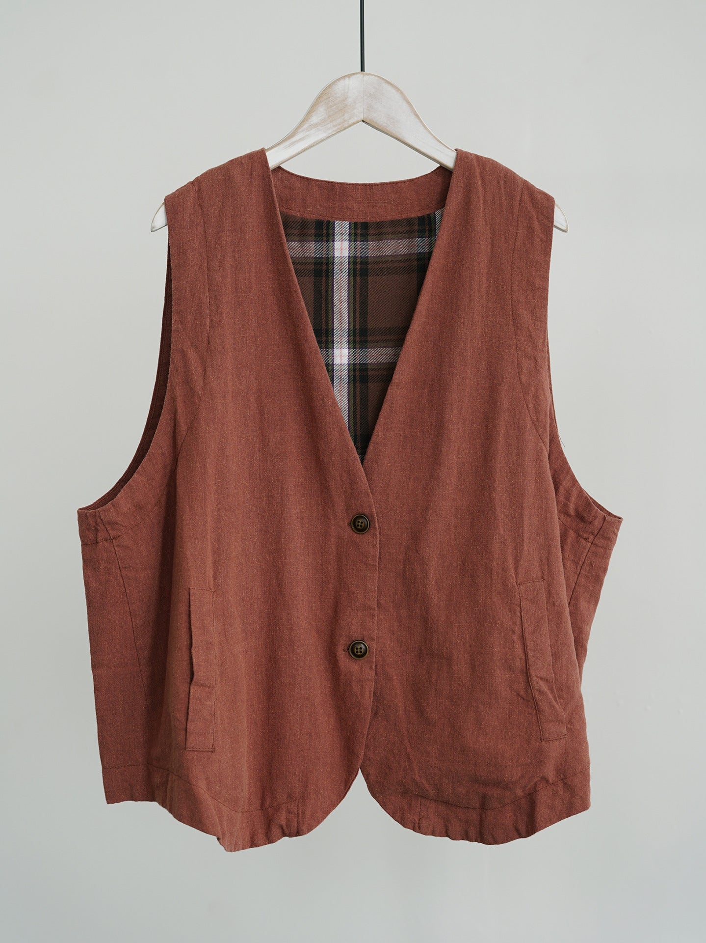 retro casual loose cotton and linen double-layer v-neck vest, literary tooling simple vest vest W24305
