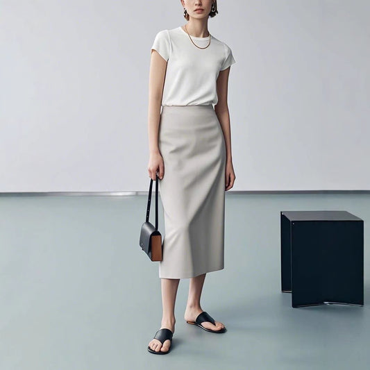 Siyuan, minimalist ROW style straight suit, one-word slit skirt, medium and long temperament, high waist and thin skirt women