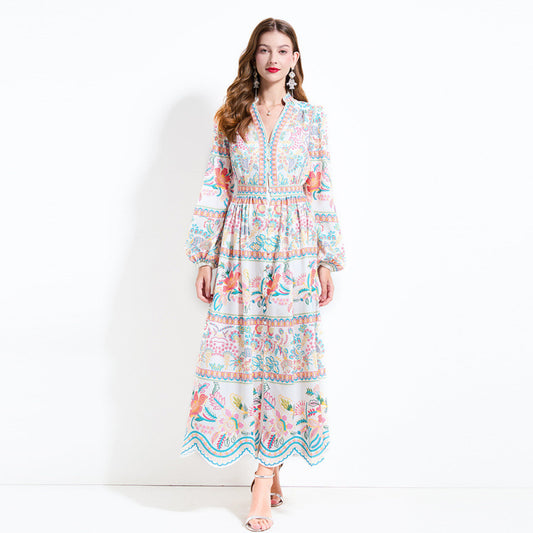 Popular trade export  celebrities retro printing dress women's waist temperament V-neck single-breasted long skirt