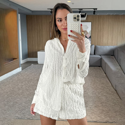 SIXSR 2025 Popular,   spring knitted jacquard cardigan long-sleeved shorts pajamas two-piece set casual and comfortable women's loungewear