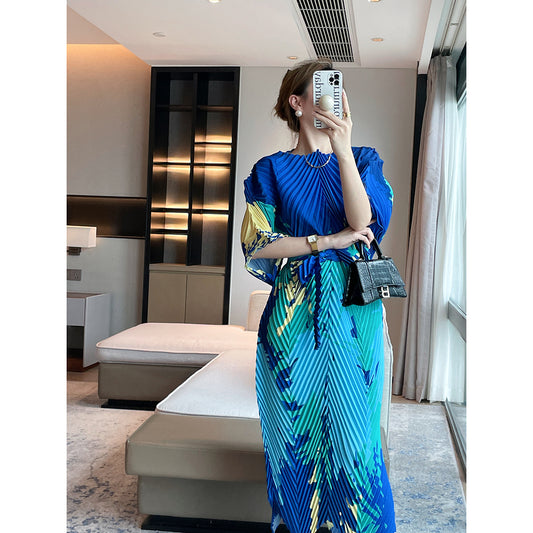 Miyake  summer new original printed waist dress handmade pleated  temperament meat-covered pleated dress
