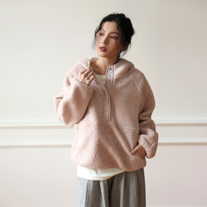 Lamb wool hooded top women's clothing fresh and sweet half-open button thermal sweater lazy solid color long-sleeved jumper