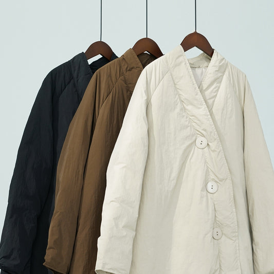 literary and artistic slanted down jacket, simple new Chinese white duck down loose long coat W24363