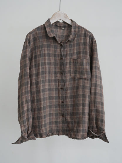 high-quality yarn-dyed linen plaid lapel shirt, literary and retro simple commuter plaid top W24345