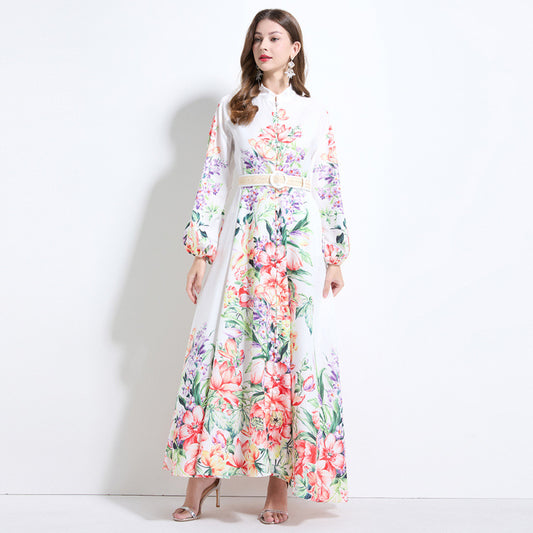 printed dress women's stand-up collar long-sleeved high-end feeling waist strap long dress niche  fairy skirt