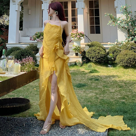 2025 retro Mori gentle ruffle edge neck dress summer new sexy backless irregular dress women