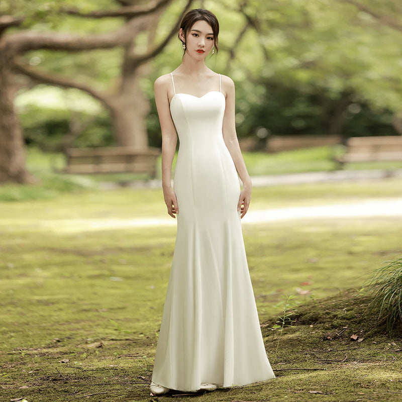 light wedding dress  Mori retro satin small white simple sexy backless suspender small dress skirt