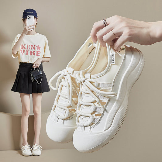 2025  Hollow canvas shoes women's  summer new Korean version of student little white shoes women's flat bottom ins breathable half tray P801