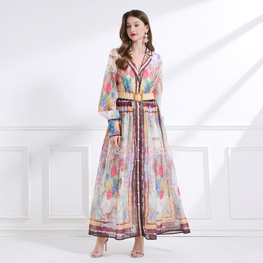 summer new  dress women's suit collar single-breasted waist pendulum printed  elegant long dress