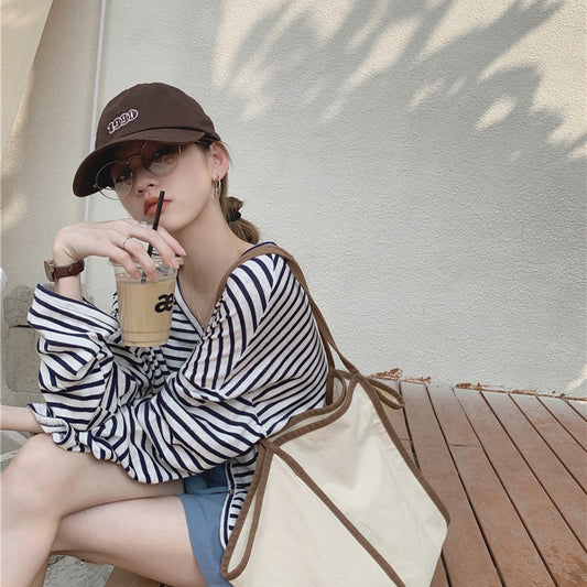 spring new striped knitted sweater, cotton and linen top v-neck air-conditioning sunscreen shirt versatile lazy long-sleeved cardigan