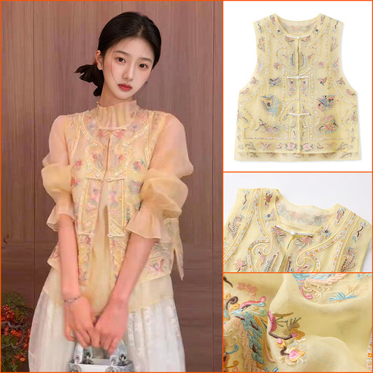Guofeng retro buckle jacquard embroidered vest 2025 new unique design mulberry silk round neck vest N2022