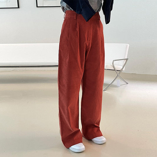 Corduroy Wide Leg Pants Women's Spring and Autumn Retro Red Loose Large Size Straight Pants High Waist Bar Velvet Mopping Long Pants