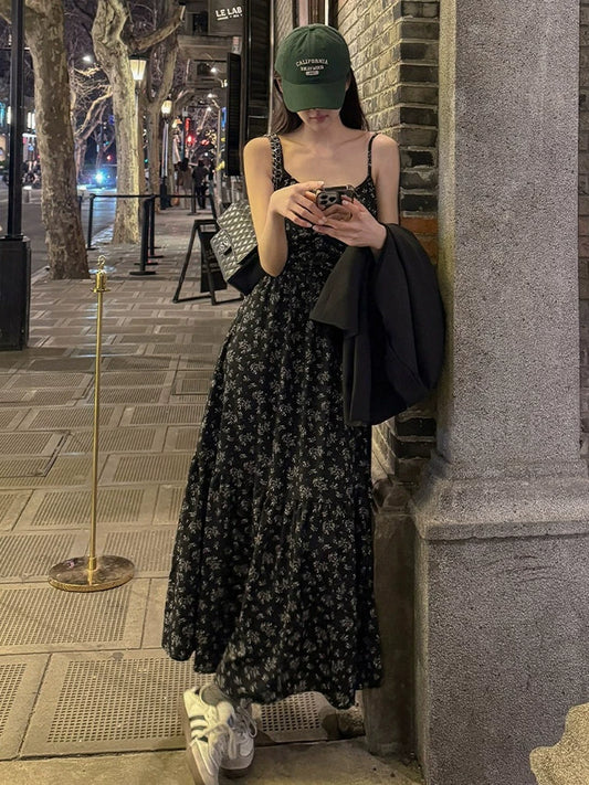 floral suspender dress women's spring and summer high-end vacation printed long dress temperament thin waist skirt