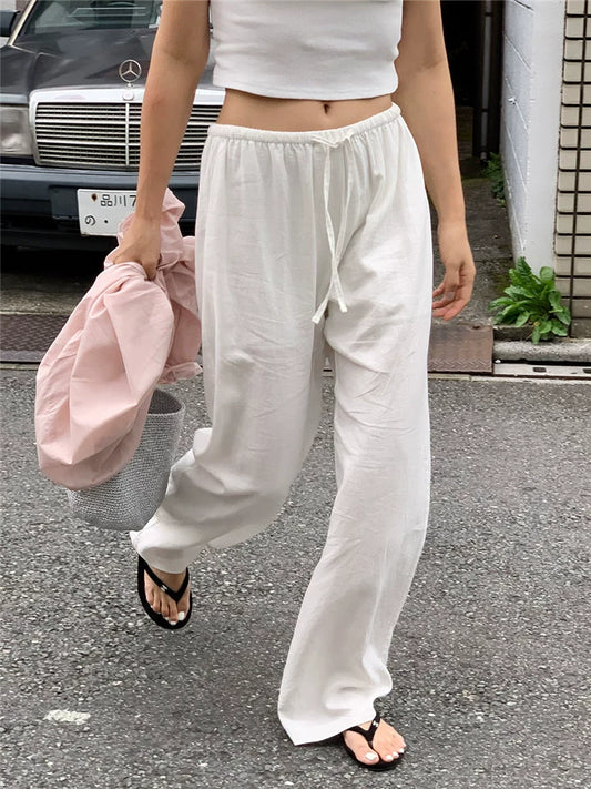 White linen pants children spring and summer old money loose elastic cotton and linen long pants loose casual straight pants