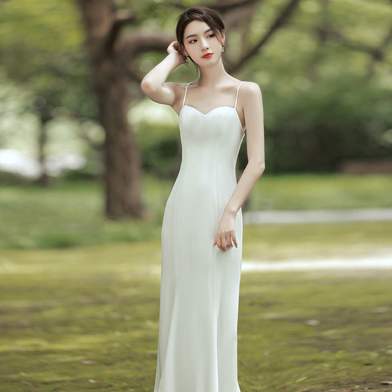light wedding dress  Mori retro satin small white simple sexy backless suspender small dress skirt