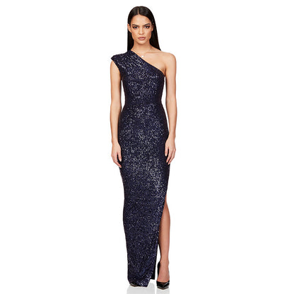 SIXSR 2025 women's one-shoulder split  dress, sweet and spicy 2025 trade independent station sleeveless sequin dress