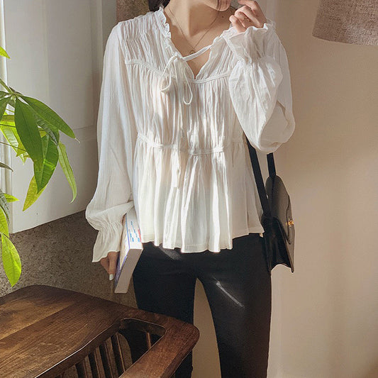 Chiffon V-neck shirt top women's  spring new, pleated splicing design Korean version leopard long-sleeved shirt