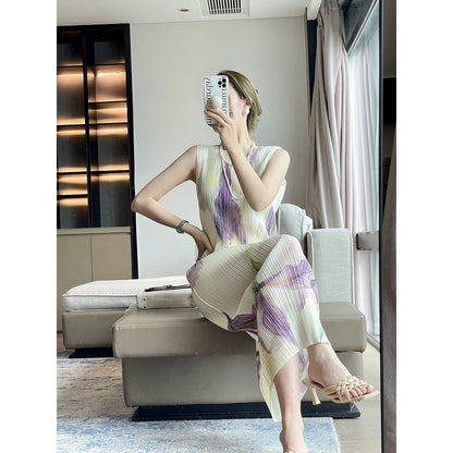 Pleats  summer new national style printed sleeveless Miyake dress temperament advanced sense slim and thin dress
