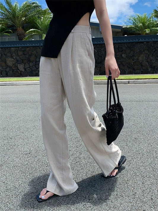 Old Money Slack Tencel Linen Drop Pants Women's Summer Loose High Waist Straight Cotton and Linen Wide Leg Casual Pants