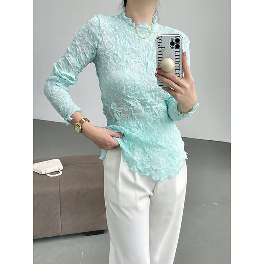 Spring and Autumn New Slim-fit Skinny Elastic Pleated Bottom Shirt Women's Crew Neck Long Sleeve Translucent Versatile Top Women's
