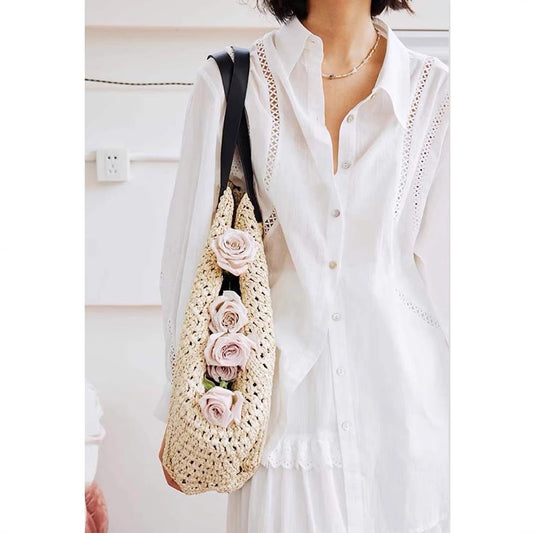 Siyuan Design Sense Hollow Lace Splicing Holiday White Shirt High Sense  Long Sleeve Shirt Women 7824