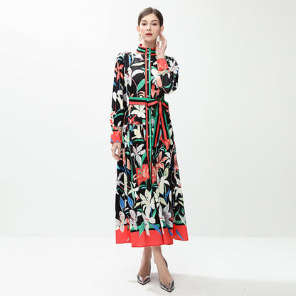 celebrities retro fashion printed stand-up collar single-breasted dress women's waist temperament big pendulum long skirt