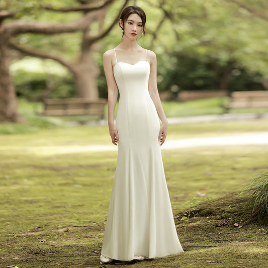 light wedding dress  Mori retro satin small white simple sexy backless suspender small dress skirt