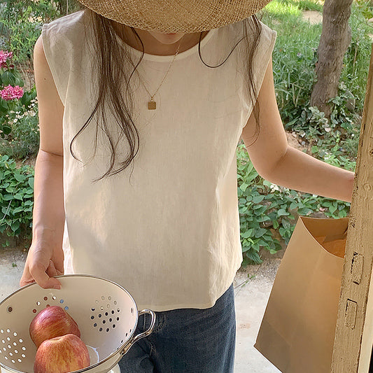 Summer popular new sleeveless T-shirt, Japanese cotton and linen back open button design sense niche ramie vest top women