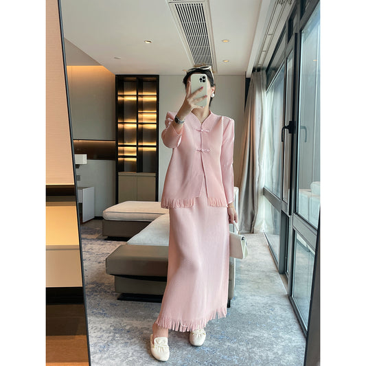 Miyake's new dragon scale pleated fashion suit women's high-end temperament slim top fringed design skirt two-piece set