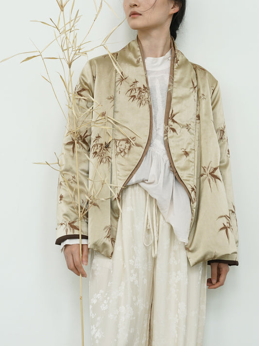 national style new Chinese style human silk luster diagonal placket thickened cotton-padded jacket bamboo leaf jacquard warm cotton-padded jacket M24357