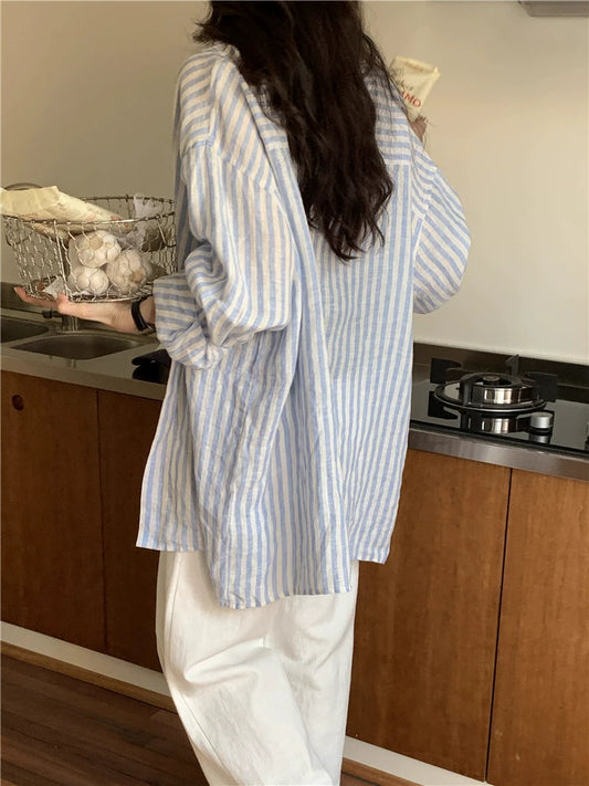 Striped shirt women's long sleeves loose thin loose linen shirt sun protection lazy wind cotton and linen outer top summer