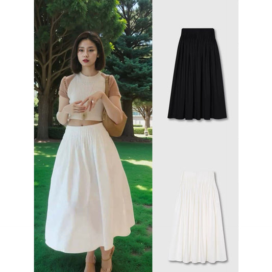Siyuan, summer cotton loose natural pleated minimalist waist design long pleated skirt women 7767