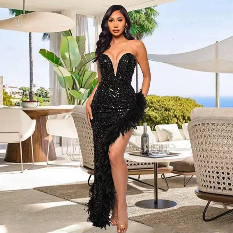 SIXSR 2025 2025 women's clothing New women's clothing new tube top sequined feather dress   dress wholesale women