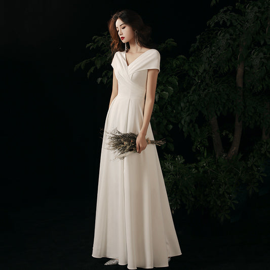 White evening dress women's summer  new temperament host banquet  certificate registration celebrity long