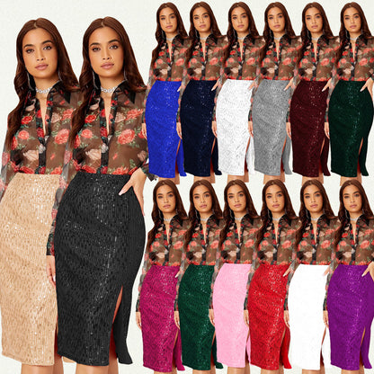 SIXSR Short skirt Spice girl Popular trade INS style skirt summer women's temperament slim hip skirt split sequined skirt women