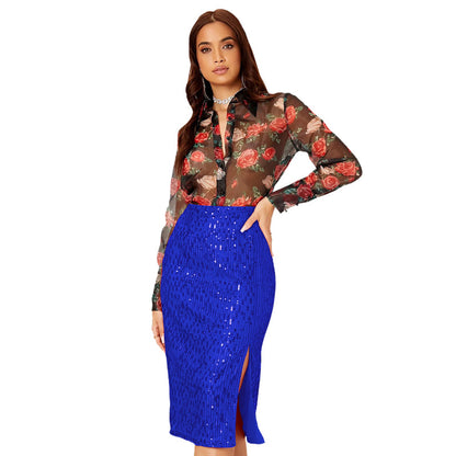 SIXSR Short skirt Spice girl Popular trade INS style skirt summer women's temperament slim hip skirt split sequined skirt women
