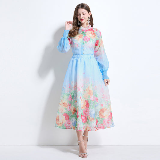 court style dress women's spring and autumn design sense printed breasted button waist thin long high-end holiday dress