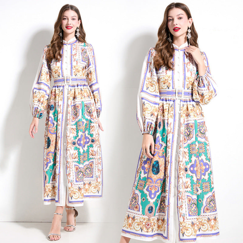 Popularan court style temperament dress spring dress women's shirt collar breasted slim fit long design printed skirt