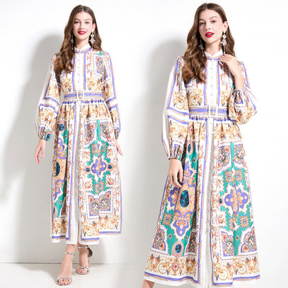 Popularan court style temperament dress spring dress women's shirt collar breasted slim fit long design printed skirt