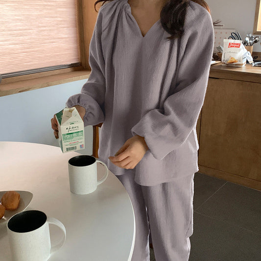 Spring Korean version ins style pure cotton loungewear women's V-neck loose simple lazy casual long-sleeved pajamas two-piece set